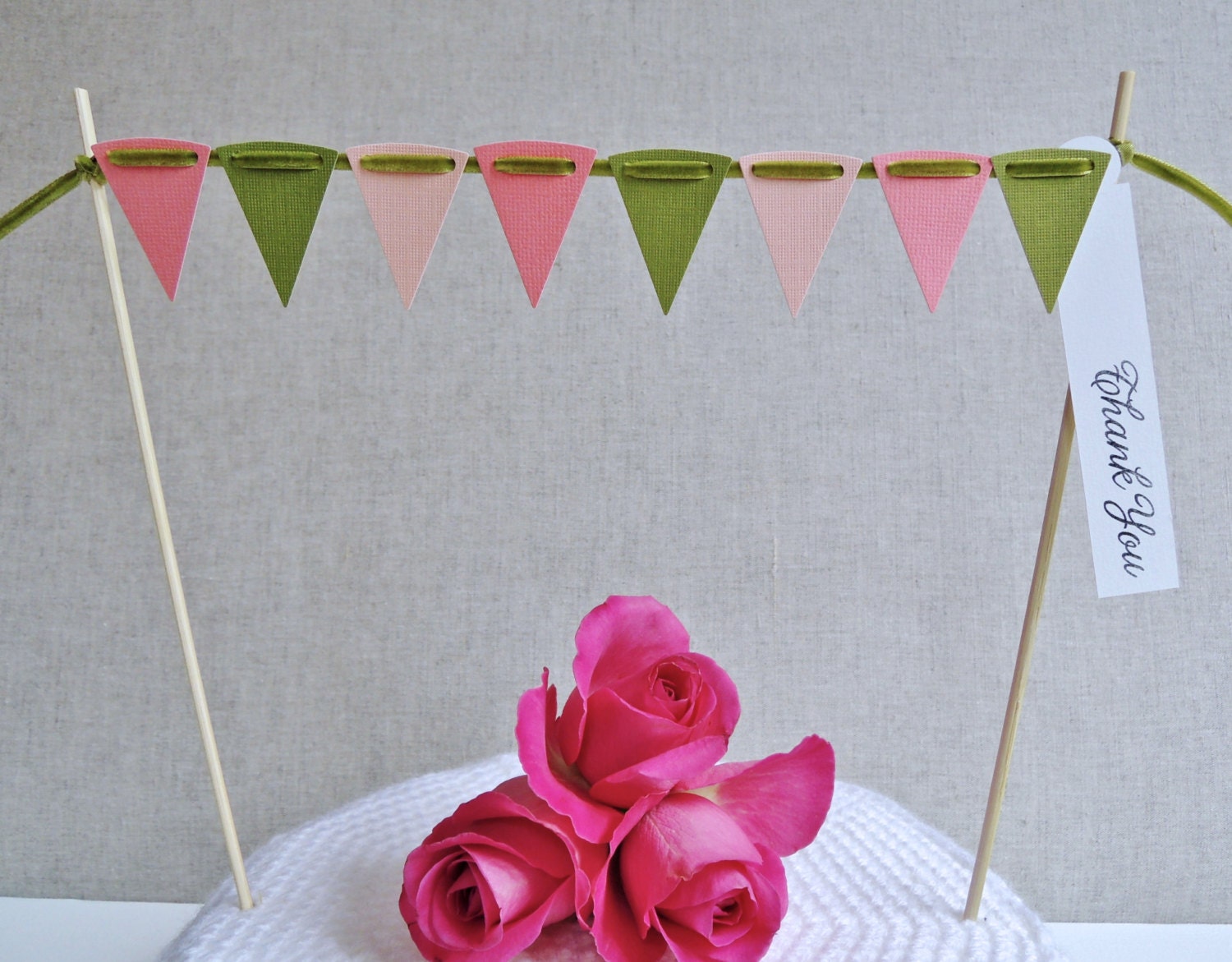 Cake bunting - Peachy pink & green textured cardstock Choose your own greeting Perfect for tea parties MADE TO ORDER Il_570xn
