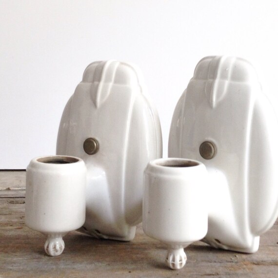 Pair of Art Deco White Porcelain Wall Sconce Light by fraeandco