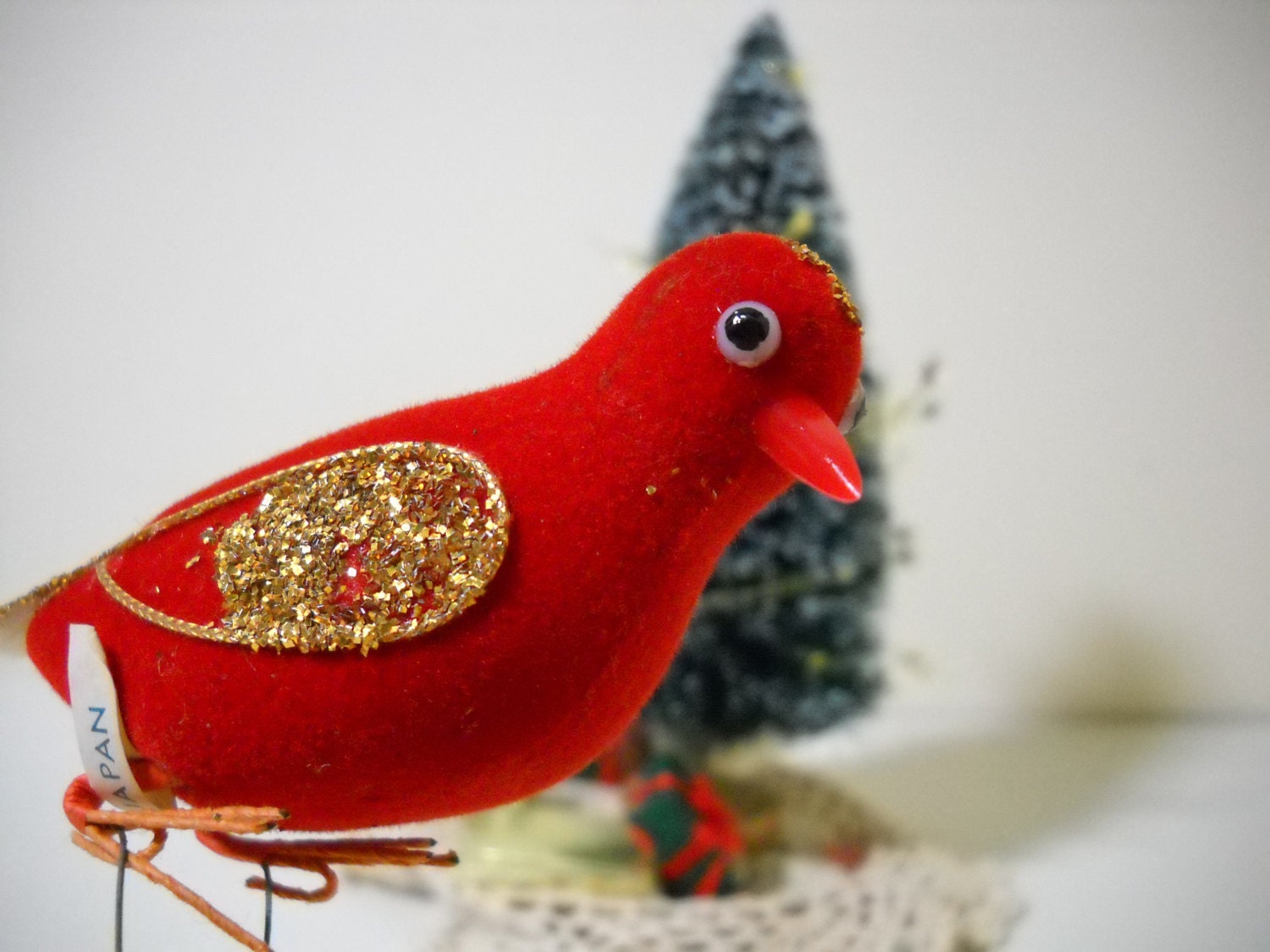 Vintage Red Flocked Birds with Gold Accents A Trio for Your Tree - FoundForYou