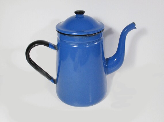 Vintage Blue Enamel Coffee Pot with Lid by UrbanRenewalDesigns