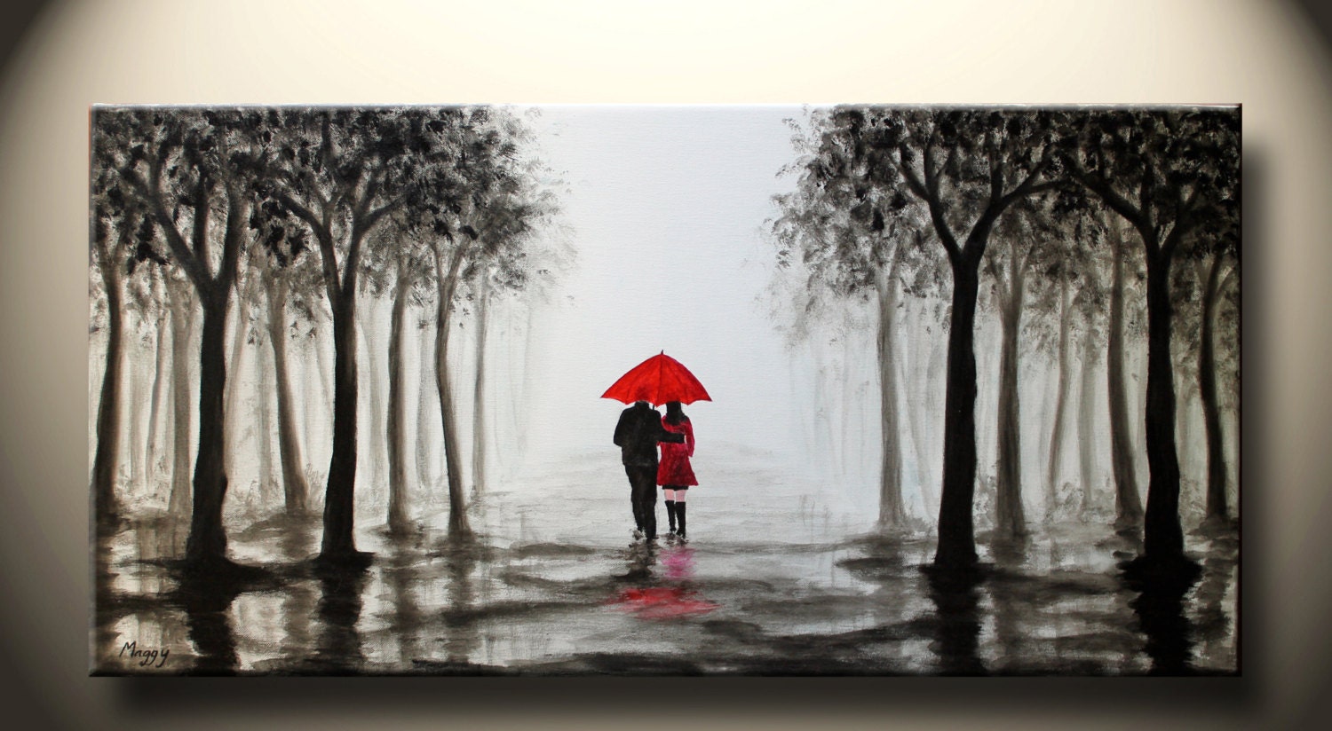 walk in rain,love couple,black white and red,large original abstract painting,36x18 inch,on stretched canvas,wedding gift - maggyart