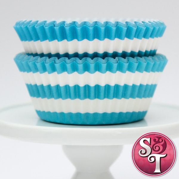 Rugby Stripe Aqua Blue GREASEPROOF Baking Cups Cupcake Liners - Quantity 50 Il_570xn