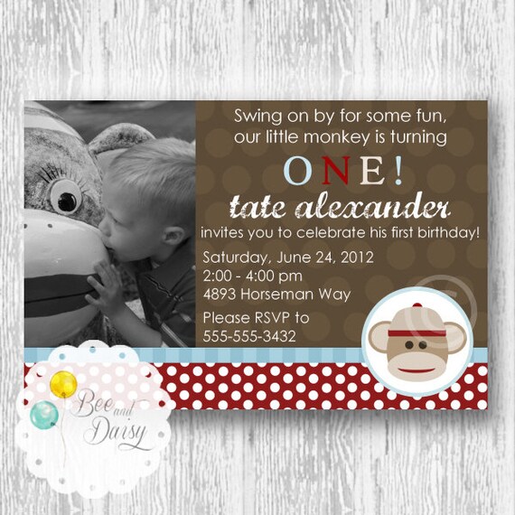 Sock Monkey Invitation for Birthday Party or Baby Shower - Boys DIY Printable Photo Invite by BeeAndDaisy Il_570xn