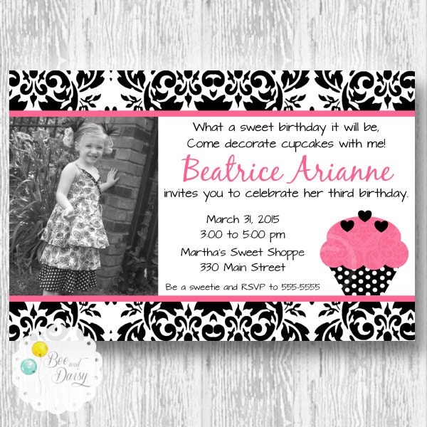 Cupcake Invitation for Birthday Party or Baby Shower - Girls Damask DIY Pink Black Printable Photo Invite by BeeAndDiays Il_570xn