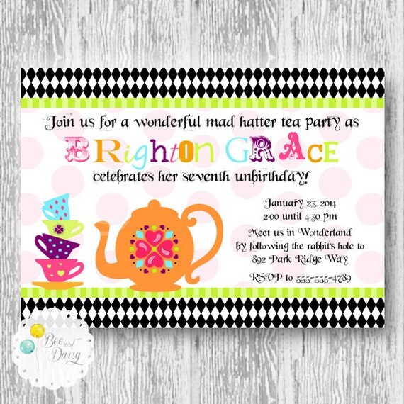 Tea Party Invitation for Birthday Party or Baby Shower -Girls DIY Mad Hatter Inspired Invitation by BeeAndDaisy Il_570xn
