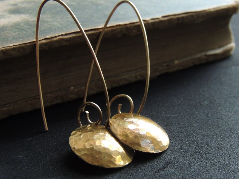 Shiny Golden Brass Earrings, Hammered Brass Discs, Long Fancy Ear Wires, Gold Drops - ATwistOfWhimsy