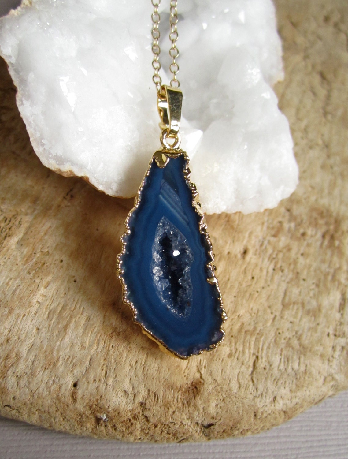 Blue Agate Geode Necklace Druzy Drusy Quartz Center K Gold