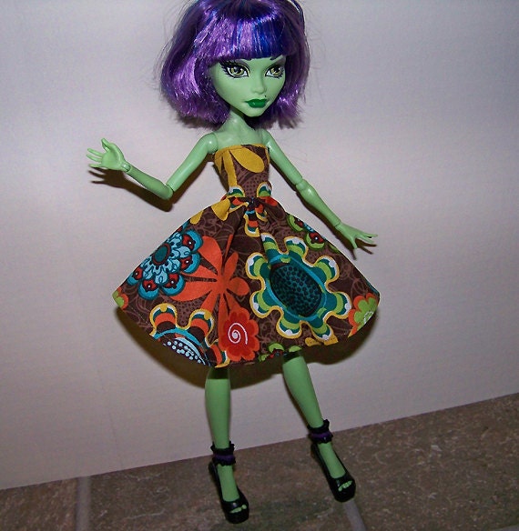 Monster High doll clothes - brown with very colorful flowers dress