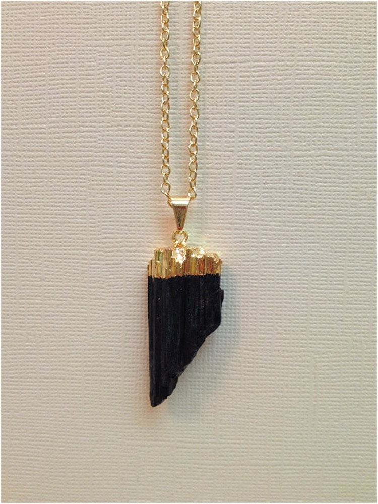 Gold Dipped Black Tourmaline Necklace Stone By Elladolce On Etsy