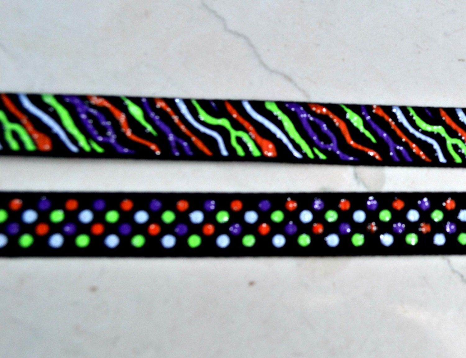 Orange, lime green & purple sparkly dots and zebra printed on black 3/8" grosgrain ribbon-sale Il_570xn
