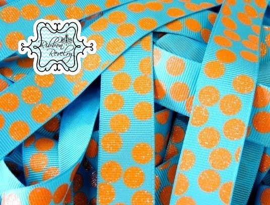 Tangerine glitter silly dots printed on turquoise 7/8" grosgrain ribbon-High Quality Il_570xn