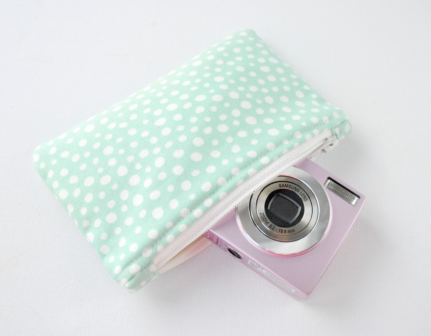 Padded camera pouch Polka dot spot pebbles print fabric in mint green