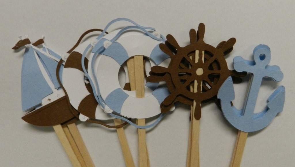 Nautical Cupcake Toppers Blue and Brown-Boat, Anchor, Helm, Life Preserver Il_570xn