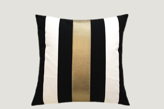 Cotton Black-White Throw pillow case with gold faux leather accent, 16 ...