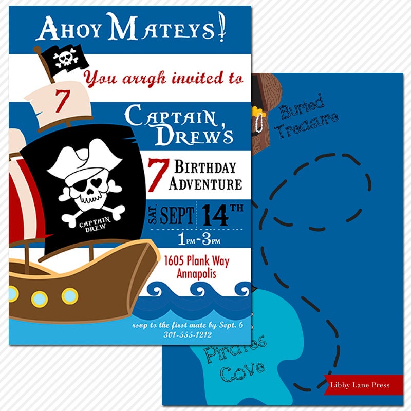 PIRATE Birthday Party - Pirate Ship - Red and Black - Customized Printable Invitation Il_570xn