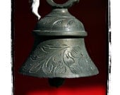Blue Grey Hanging Copper Bell with a Black and Red Background Fine Greeting Card - jonahgilmore