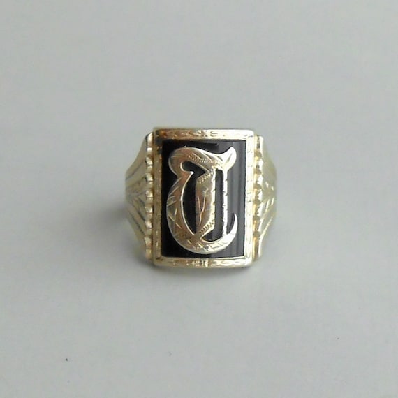 Antique Mens Ring. 10K White Gold. Initial Ring. Gothic T. Black Onyx.