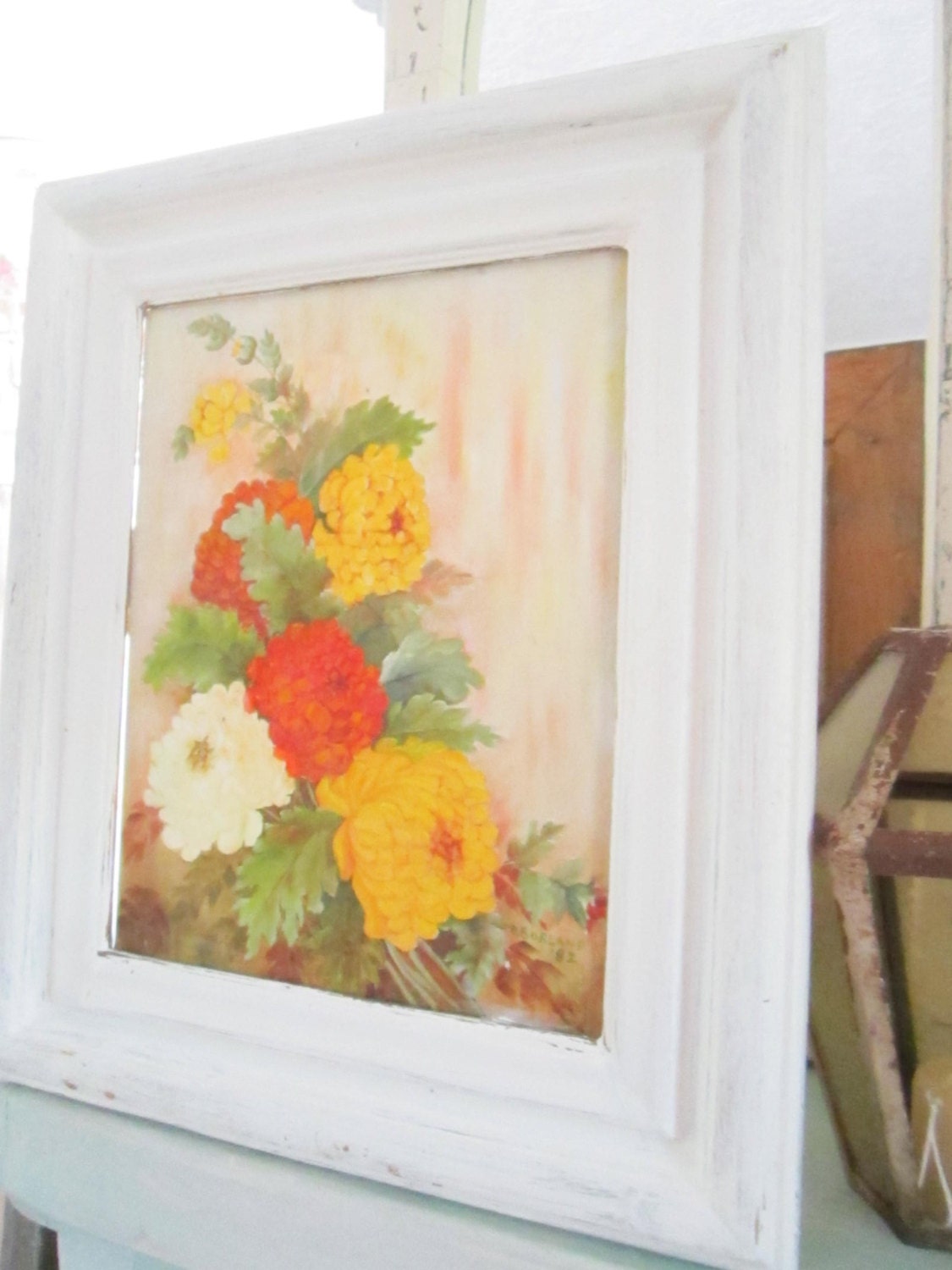 Shabby chic framed vintage oil painting by Vintagewhitecottage