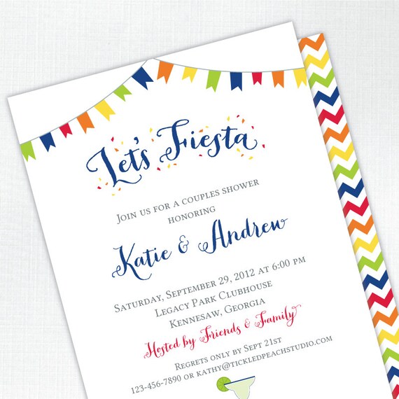 Let's Fiesta Couples Bridal Shower Invitation - green, blue, orange, yellow, red - PRINTED - Printable file also available Il_570xn