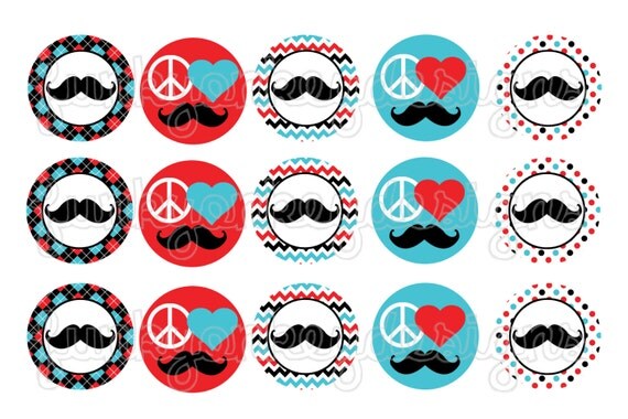 INSTANT DOWNLOAD ~Red & Blue Peace Love Mustache~ 4x6 Digital 1" Inch Bottle Cap Image/Digital Collage sheet Il_570xn