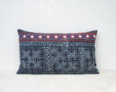 Vintage indigo blue batik and embroidered Hmong textile cushion cover 12x20 - frompastopresent Vintage indigo blue batik and embroidered Hmong textile cushion cover 12x20 - frompastopresent