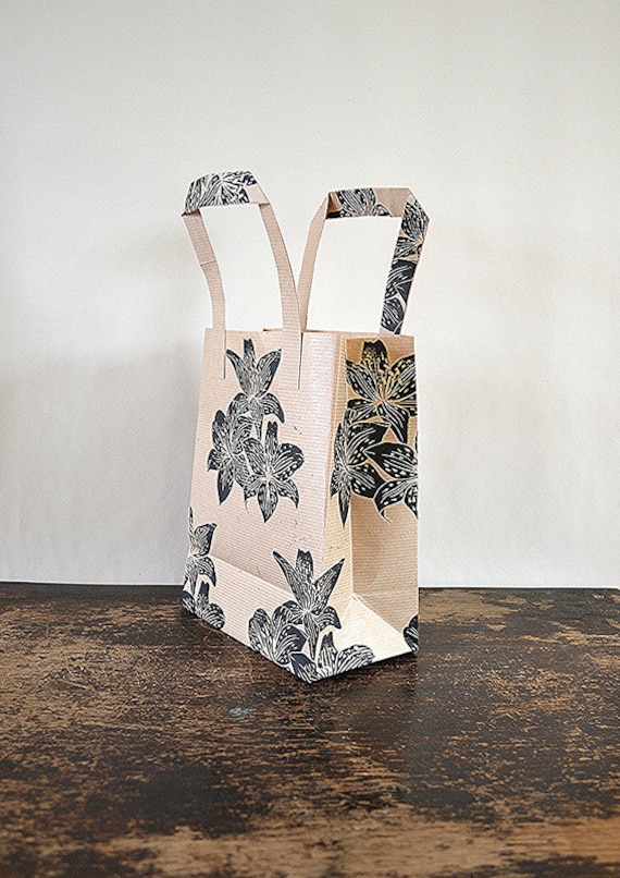 Hand Printed Brown Paper Gift Bag  - Lily