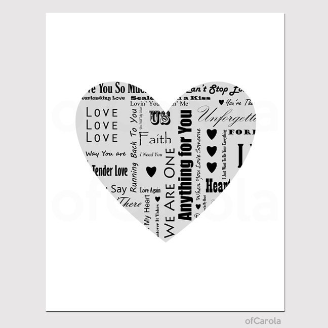 Love Heart Couple Wall Art Print - Love Songs Titles Lyrics Text ...