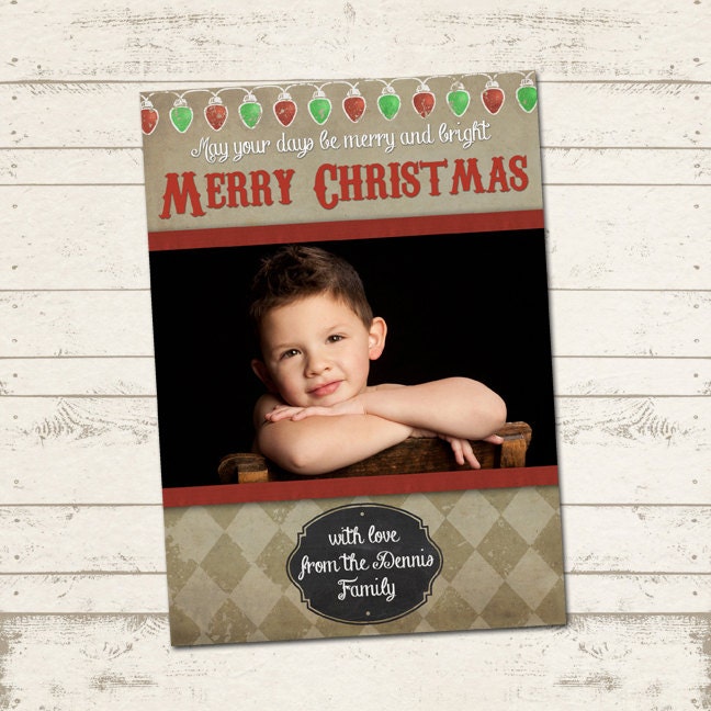 Custom Photo Christmas Card - 7X5 printable download - Merry Christmas, red, green, gold, holiday, xmas lights, diamonds, portrait Il_570xn