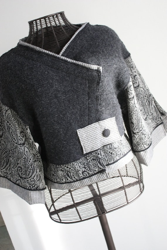 Womens Clothing Unique Jacket Upcycled Refashioned Recycled Fabric. Charcoal grey coat