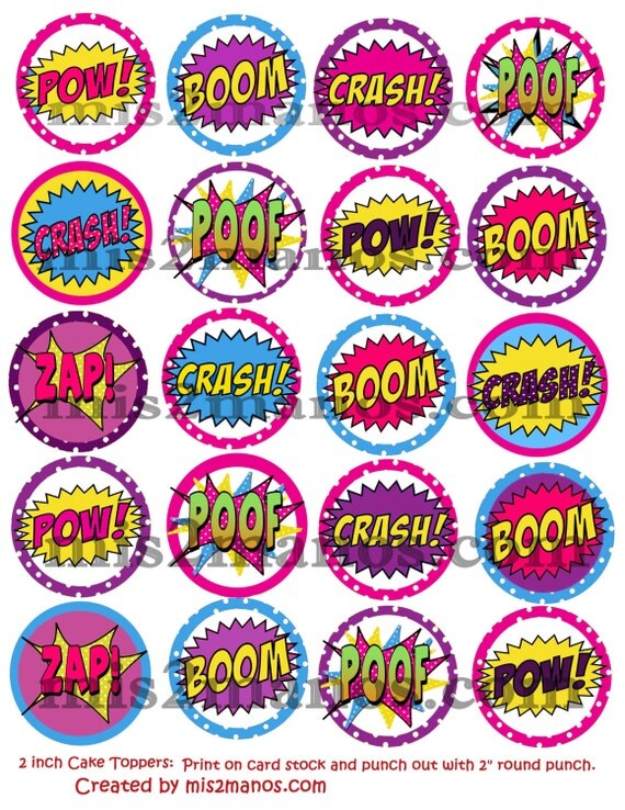 Super hero comic book cupcake toppers Printable by M2MPartyDesigns