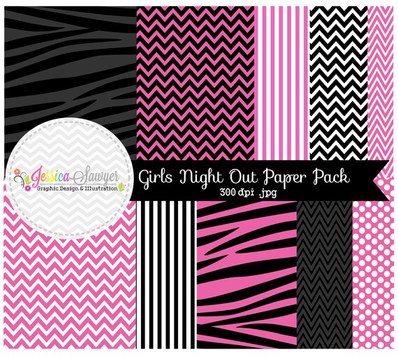 INSTANT DOWNLOAD, girls night out digital papers, hot pink and black backgrounds, invites, scrapbooking, card making Il_570xn