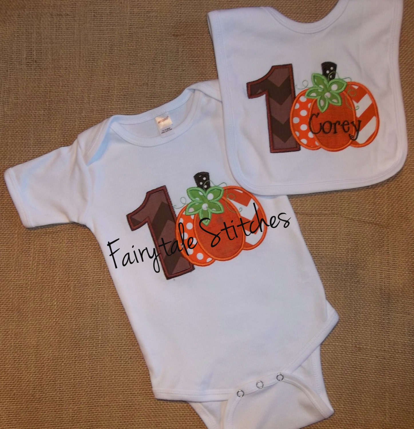 Fall Pumpkin Applique Bodysuit and Bib Combo  with Chevron One and Embroidered Name - Fairytalestitchesbou