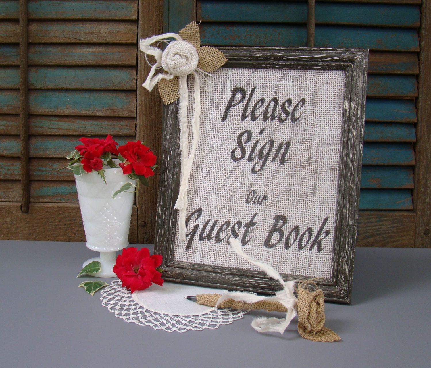 Items similar to Guest Book Set, Burlap, Wedding Guest Book, Table Decor, Rustic Wedding, Guest