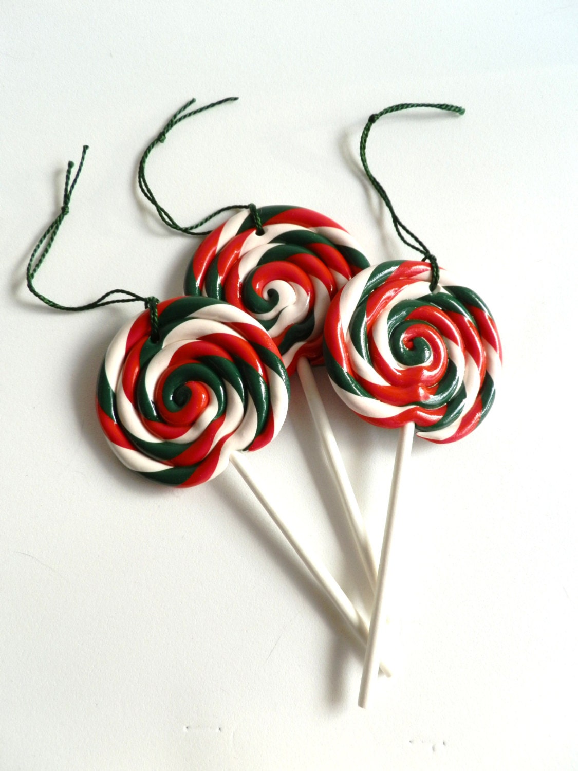 3 Red, White and Green Swirl lollipop Hanging Christmas Ornaments - twistedlollyboutique