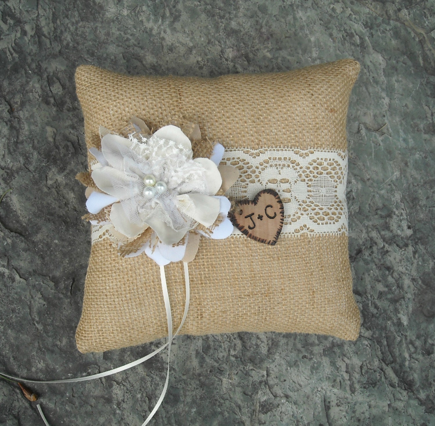 Personalized Ring Bearer Pillow Rustic Burlap And Lace