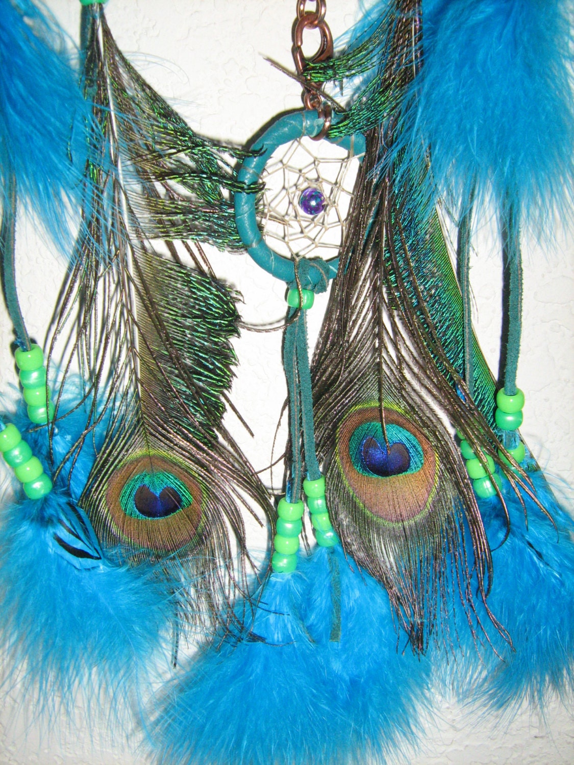 Crystal Spirit Quartz Dreamcatcher with Peacock and Turquoise Maribou Feathers by LeatherWearableArt - LeatherWearableArt