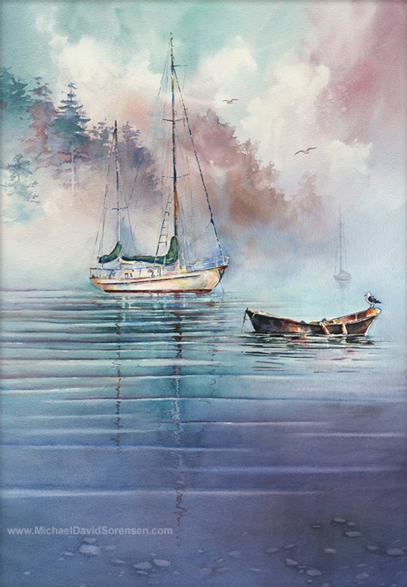 Sailboat Art. Watercolor Sailboats. "In the Mist" by Michael David 