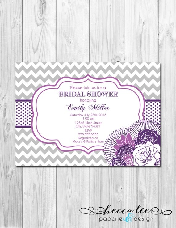 Bridal Shower Invitation Chevron Stripes & Floral - Purple, Grey - DIY - Printable Il_570xn