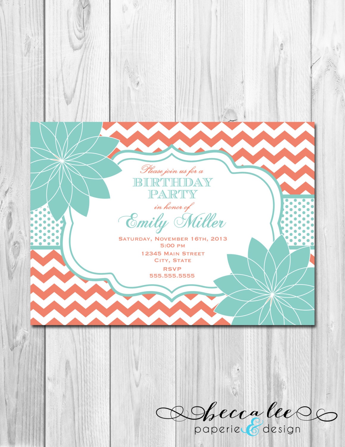 Bridal Shower, Baby Shower, Birthday Invitation - Chevron Stripes & Floral - Blue and Coral - DIY - Printable Il_570xn