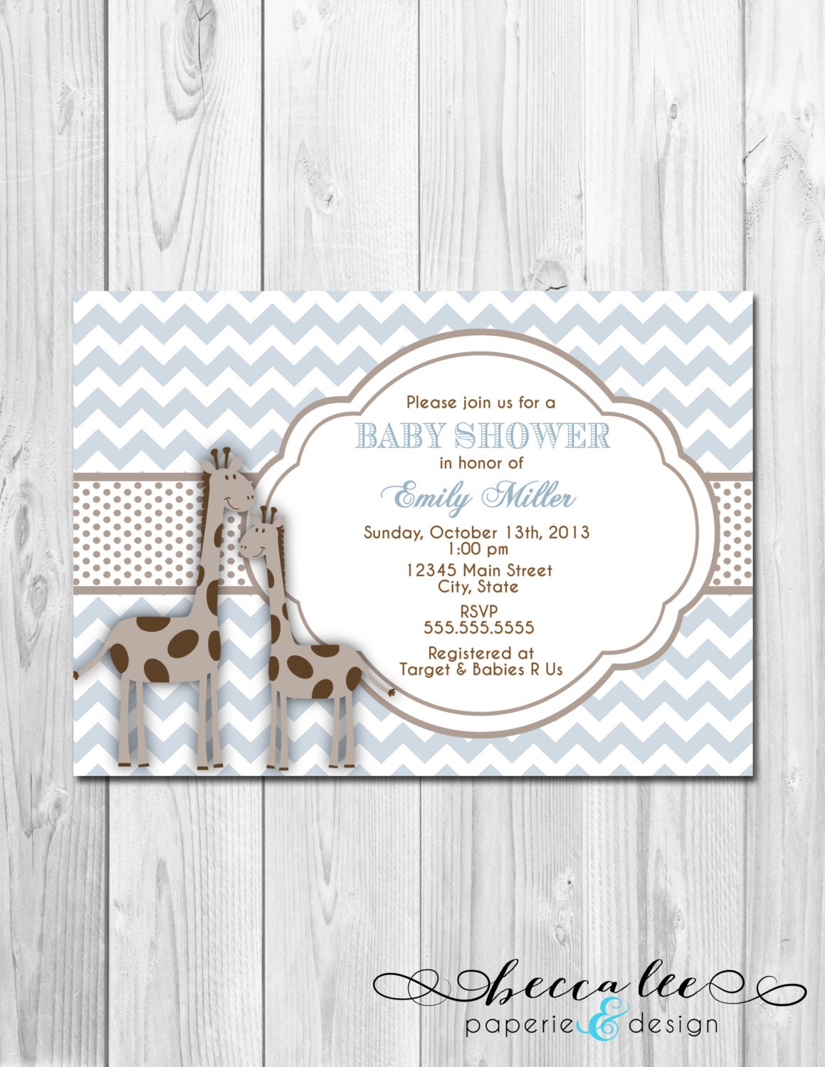 Little Giraffe Baby Shower Invitation - Brown and Blue - Chevron Stripes - DIY - Printable Il_570xn