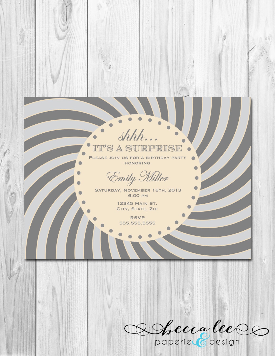 Surprise Party Invitation - Cream and Grey Swirl - DIY - Printable Il_570xn
