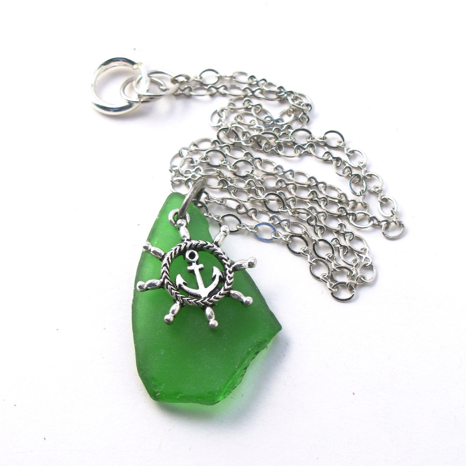 Kelly Green Sea Glass on a Silver Chain Necklace with an Anchor Charm