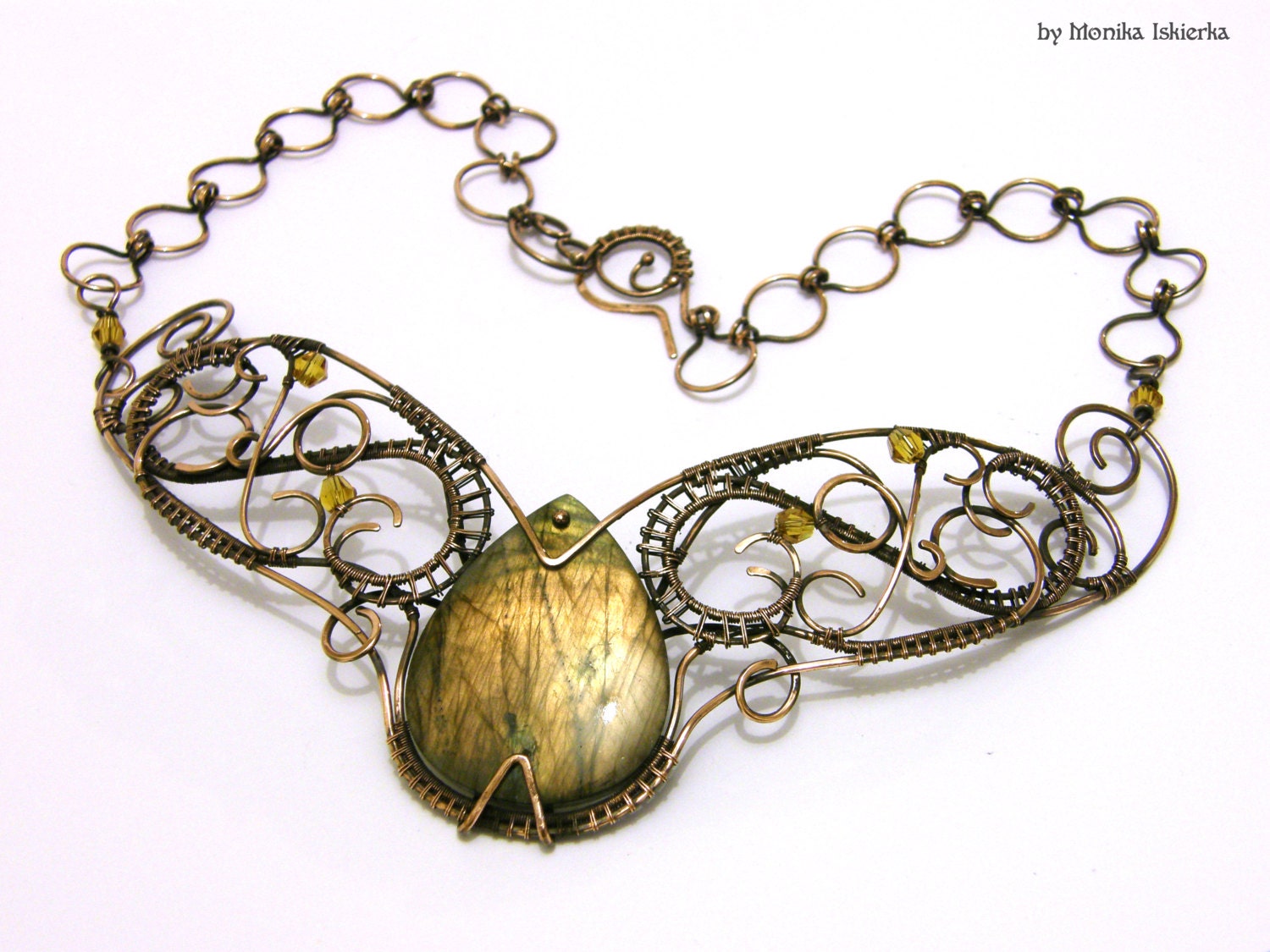 Avalon- wire wrapped necklace, labradorite, Swarovski Crystals, handmade, copper