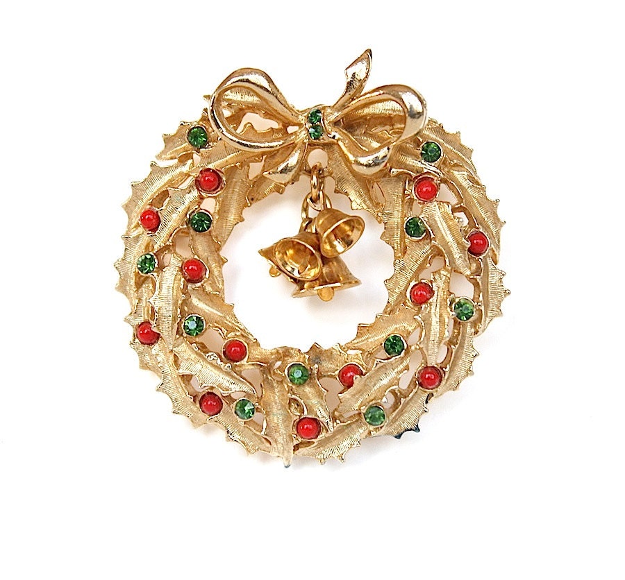 Items similar to Vintage Christmas Wreath with Bells Brooch Rhinestone
