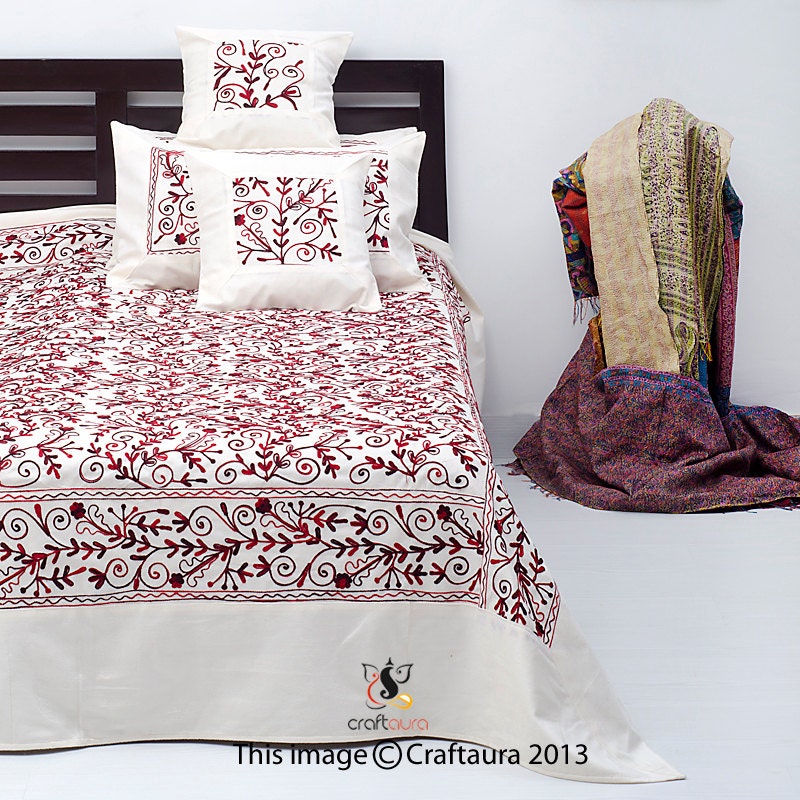 ON SALE Queen White Indian Embroidered Bedspread by CraftAuraHome