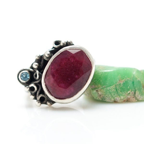Silver Ruby Ring with Topaz, Metalsmith Handmade Jewelry, One of a Kind, OOAK, Silversmith Ring - MauraSarabeth
