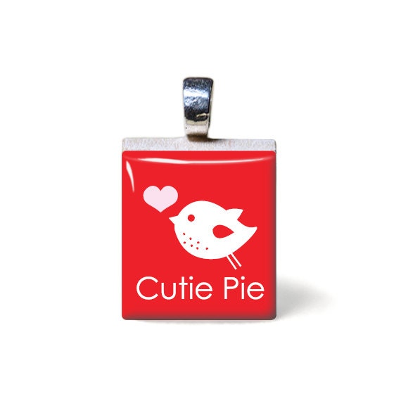 Cutie pie with bird and heart Scrabble Pendant: Valentine's Day, pretty, laugh, I like you, gift, Saint Valentin, excludes chain - TarryTiles