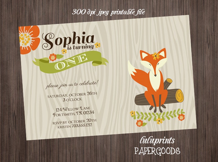 Fox Birthday Invitation Printable Woodland by LuLuPaperPrints