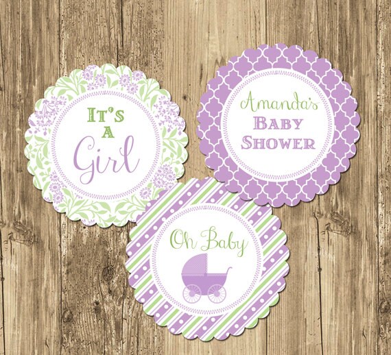 Stroller Lavendar & Green Baby Shower Party Rounds Cupcake Toppers- Printable Il_570xn