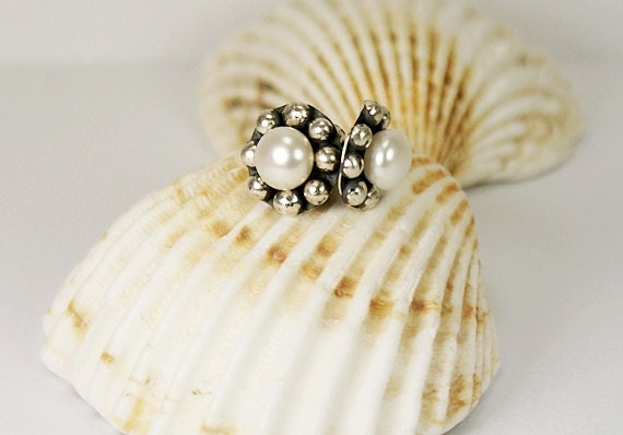 White Pearl,Sterling Silver Earrings - Womens Earrings - Rustic Earrings - Retro Jewelry - AngelJK